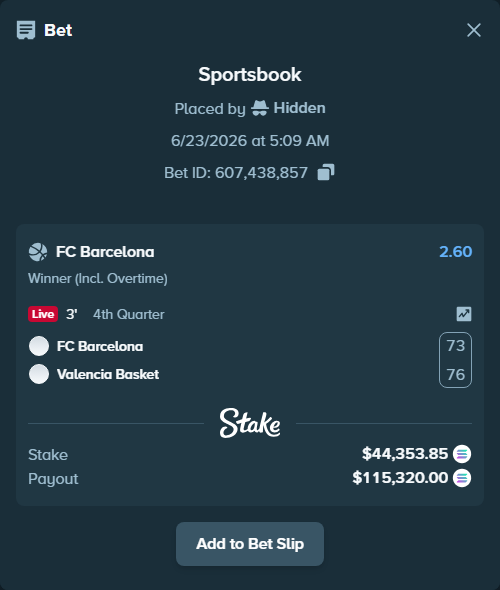 Bet slip: FC Barcelona - Valencia Basket, $45,234.62 stake at 2.60 odds, placed by Prettylfacko98