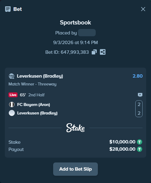Bet slip: FC Bayern (Aron) - Leverkusen (Bradley), $10,000.00 stake at 2.80 odds, placed by haroldfinchh