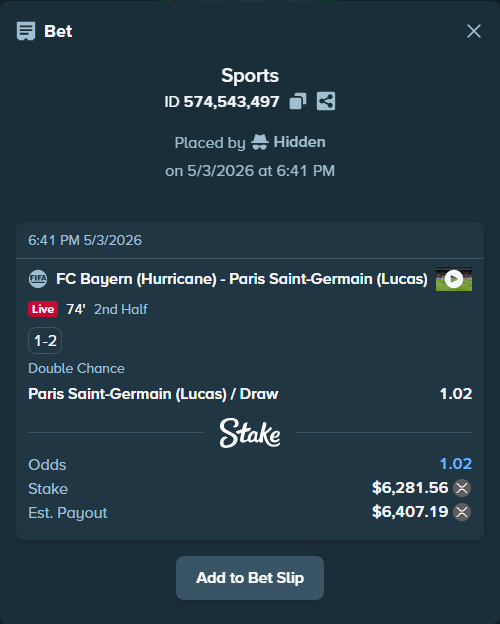 Bet slip: FC Bayern (Hurricane) - Paris Saint-Germain (Lucas), $5,205.47 stake at 1.02 odds, placed by Hidden