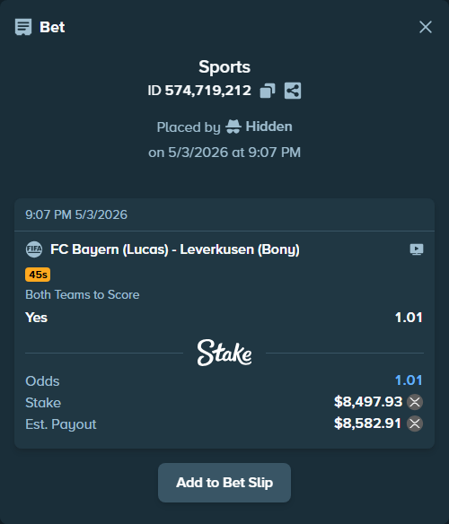 Bet slip: FC Bayern (Lucas) - Leverkusen (Bony), $7,033.36 stake at 1.01 odds, placed by Hidden