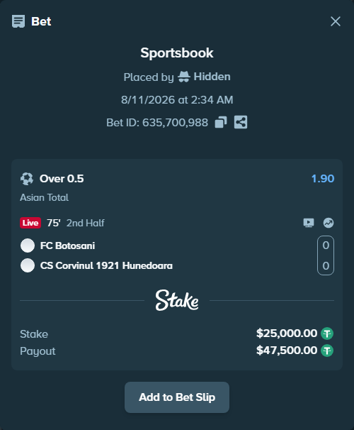 Bet slip: FC Botosani - FC Corvinul Hunedoara 1921, $25,025.00 stake at 1.90 odds, placed by Hidden