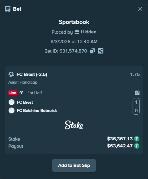 Bet slip: FC Brest - FC Belshina Bobruisk, $36,403.49 stake at 1.75 odds, placed by Hidden