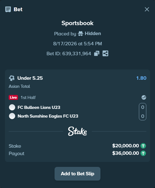 Bet slip: FC Bulleen Lions - North Sunshine Eagles FC, $20,020.00 stake at 1.80 odds, placed by Hidden