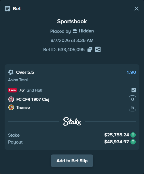 Bet slip: FC CFR 1907 Cluj - Tromso, $25,781.00 stake at 1.90 odds, placed by Hidden