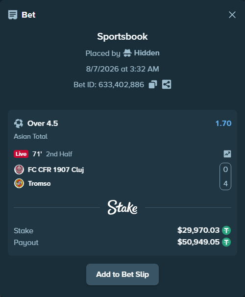 Bet slip: FC CFR 1907 Cluj - Tromso, $30,000.00 stake at 1.70 odds, placed by Hidden