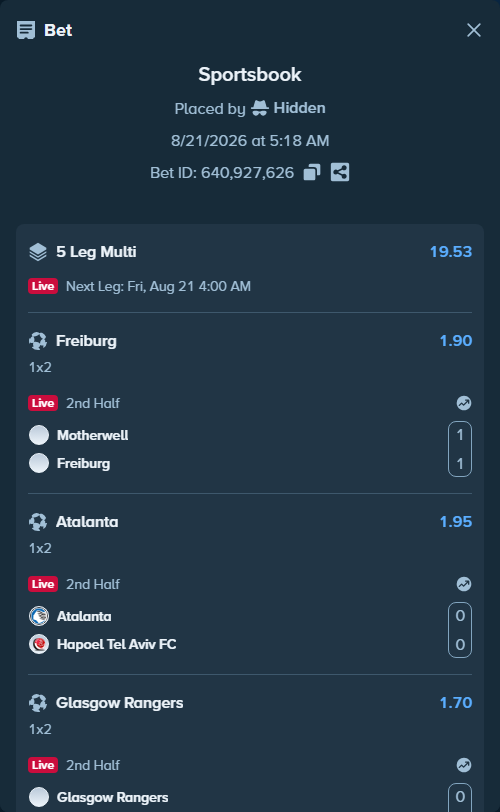 Bet slip: FC Dinamo City - Pafos FC, $25,000.00 stake at 2.00 odds, placed by Hidden