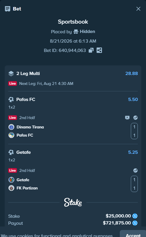 Bet slip: FC Dinamo City - Pafos FC, $25,000.00 stake at 5.50 odds, placed by Hidden