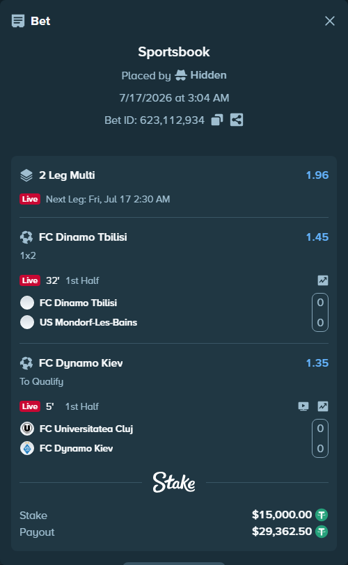 Bet slip: FC Dinamo Tbilisi - US Mondorf-Les-Bains, $15,015.00 stake at 1.45 odds, placed by Hidden