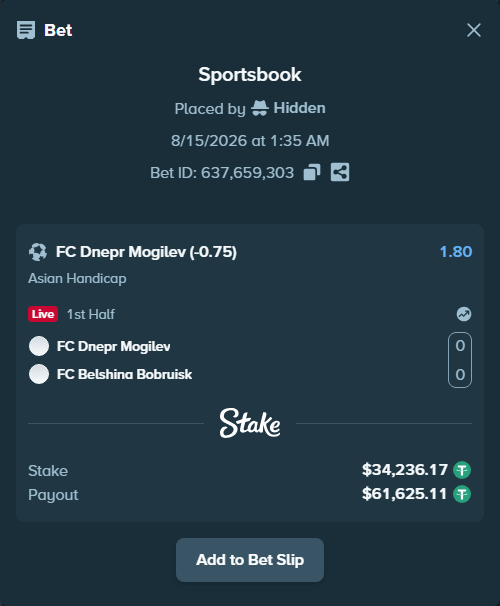 Bet slip: FC Dnepr Mogilev - FC Belshina Bobruisk, $34,270.41 stake at 1.80 odds, placed by Hidden