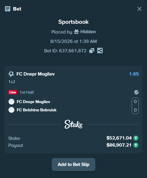Bet slip: FC Dnepr Mogilev - FC Belshina Bobruisk, $52,723.71 stake at 1.65 odds, placed by Hidden