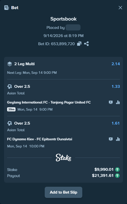 Bet slip: FC Dynamo Kyiv - FC Epitsentr Kamianets-Podilskyi, $10,000.00 stake at 1.61 odds, placed by tlwns4736
