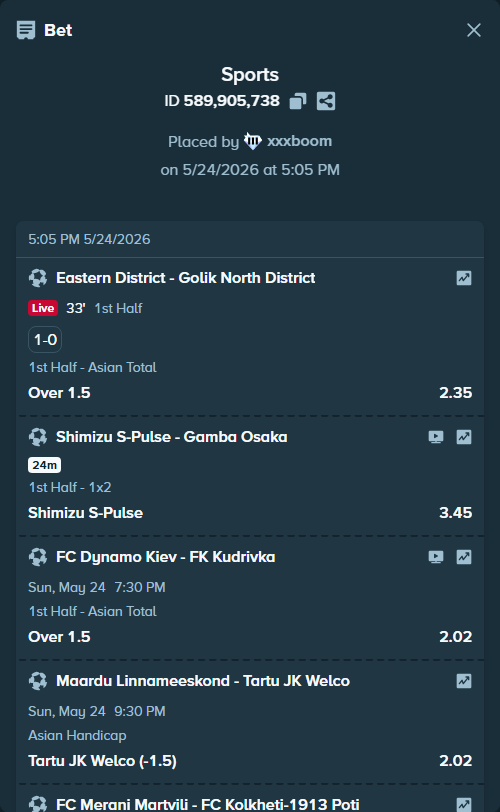 Bet slip: FC Dynamo Kyiv - FK Kudrivka, $18,808.57 stake at 2.02 odds, placed by xxxboom