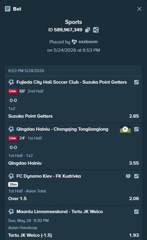 Bet slip: FC Dynamo Kyiv - FK Kudrivka, $28,783.69 stake at 2.06 odds, placed by xxxboom
