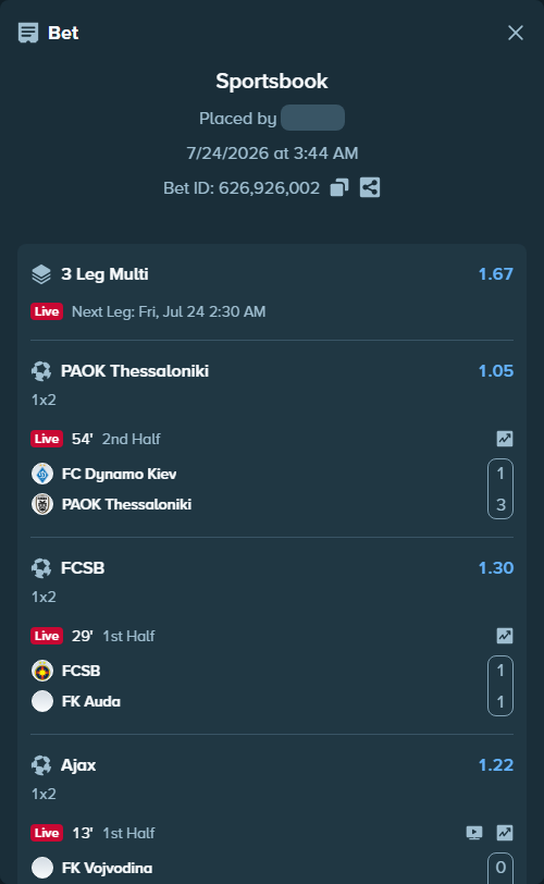 Bet slip: FC Dynamo Kyiv - PAOK Thessaloniki, $10,000.00 stake at 1.05 odds, placed by Jephthah2