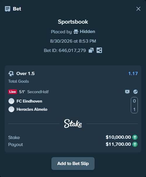 Bet slip: FC Eindhoven - Heracles Almelo, $10,000.00 stake at 1.17 odds, placed by Hidden