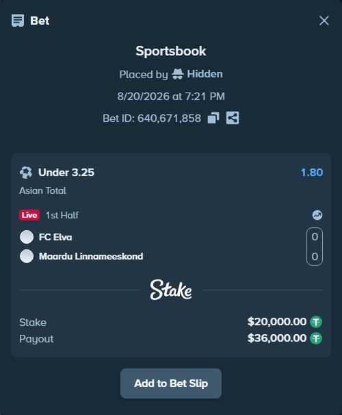 Bet slip: FC Elva - Maardu Linnameeskond, $20,020.00 stake at 1.80 odds, placed by Hidden