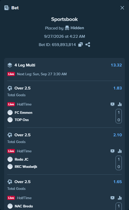Bet slip: FC Emmen - TOP Oss, $60,000.00 stake at 1.83 odds, placed by Hidden