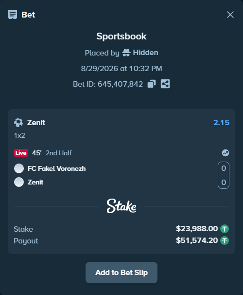 Bet slip: FC Fakel Voronezh - Zenit, $23,988.00 stake at 2.15 odds, placed by Hidden