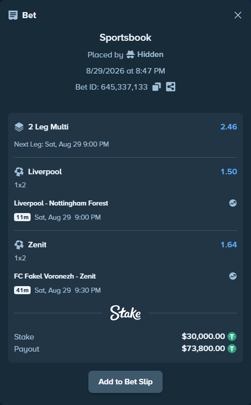 Bet slip: FC Fakel Voronezh - Zenit, $30,000.00 stake at 1.64 odds, placed by Hidden
