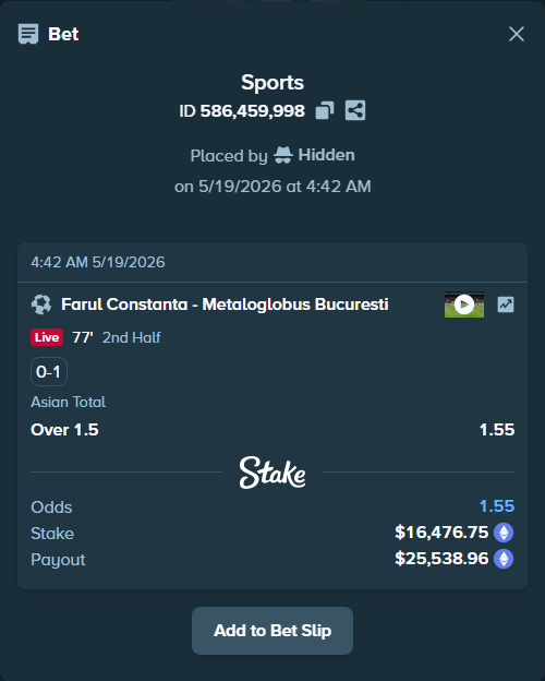 Bet slip: FC Farul Constanta - Metaloglobus Bucuresti, $13,637.76 stake at 1.55 odds, placed by Hidden