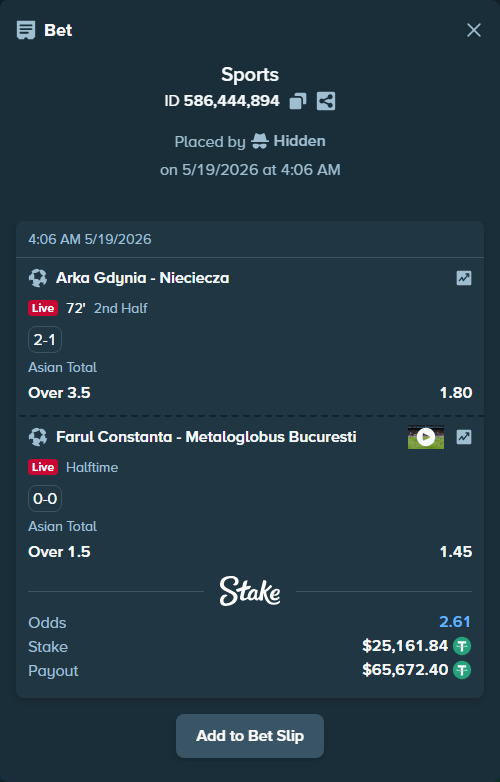 Bet slip: FC Farul Constanta - Metaloglobus Bucuresti, $25,187.00 stake at 1.45 odds, placed by Hidden