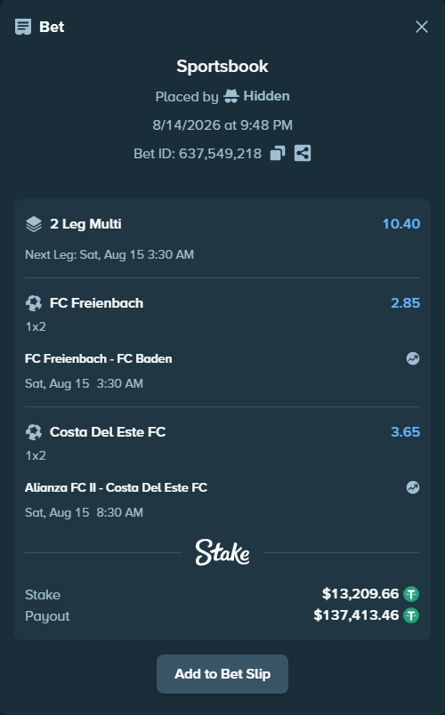 Bet slip: FC Freienbach - FC Baden, $13,222.87 stake at 2.85 odds, placed by Hidden