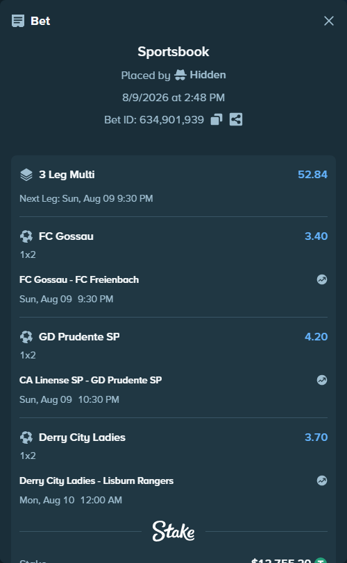 Bet slip: FC Gossau - FC Freienbach, $12,767.96 stake at 3.40 odds, placed by Hidden