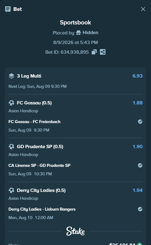 Bet slip: FC Gossau - FC Freienbach, $36,137.94 stake at 1.88 odds, placed by Hidden