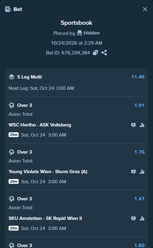 Bet slip: FC Hertha Wels - ASK Voitsberg, $11,000.00 stake at 1.91 odds, placed by Hidden