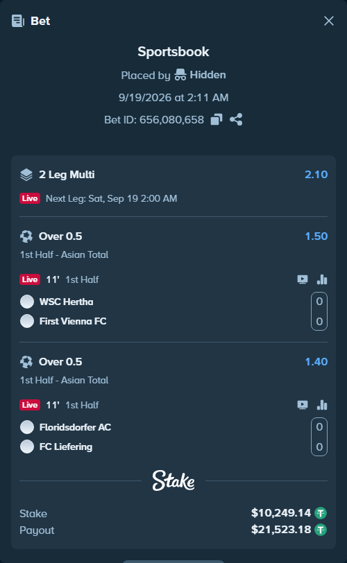 Bet slip: FC Hertha Wels - First Vienna FC 1894, $10,249.14 stake at 1.50 odds, placed by Hidden