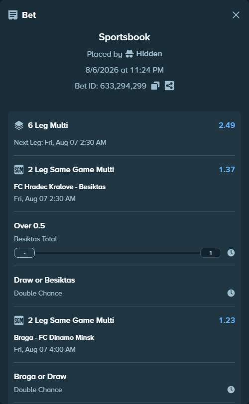 Bet slip: FC Hradec Kralove - Besiktas, $25,298.57 stake at 1.17 odds, placed by Hidden