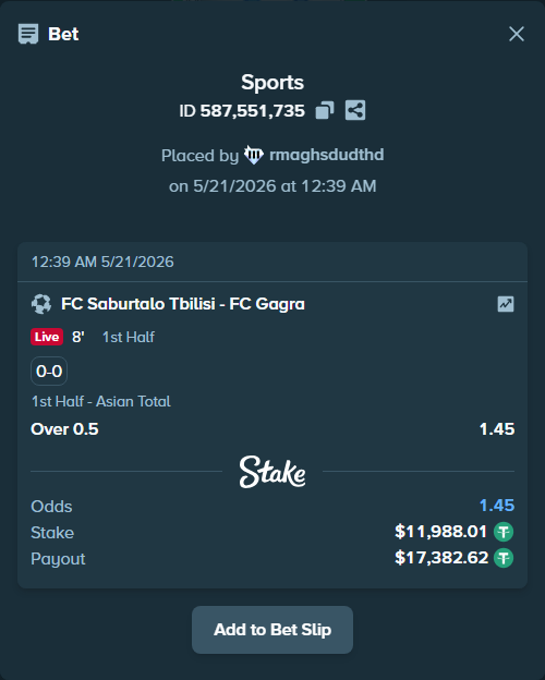 Bet slip: FC Iberia 1999 - FC Gagra, $12,000.00 stake at 1.45 odds, placed by rmaghsdudthd