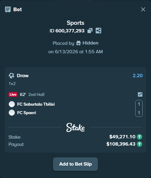 Bet slip: FC Iberia 1999 - FC Spaeri, $49,320.37 stake at 2.20 odds, placed by Hidden
