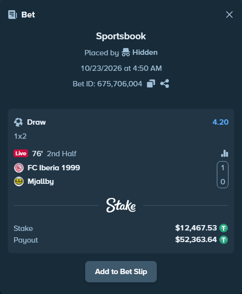 Bet slip: FC Iberia 1999 - Mjallby, $12,480.00 stake at 4.20 odds, placed by BetlikeaKing