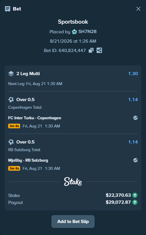 Bet slip: FC Inter Turku - Copenhagen, $22,393.00 stake at 1.14 odds, placed by SH7N28