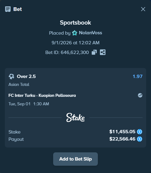 Bet slip: FC Inter Turku - Kuopion Palloseura, $11,455.05 stake at 1.97 odds, placed by NolanVoss