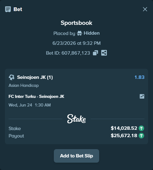 Bet slip: FC Inter Turku - Seinajoen JK, $14,042.54 stake at 1.83 odds, placed by Hidden