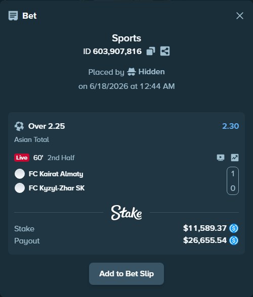 Bet slip: FC Kairat Almaty - FC Kyzylzhar SK, $11,589.37 stake at 2.30 odds, placed by Hidden