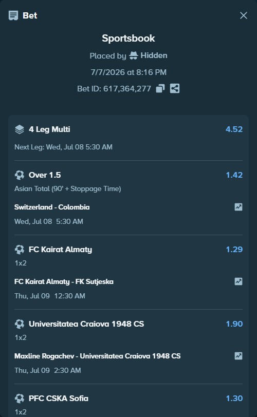 Bet slip: FC Kairat Almaty - FK Sutjeska Niksic, $10,722.71 stake at 1.29 odds, placed by Hidden