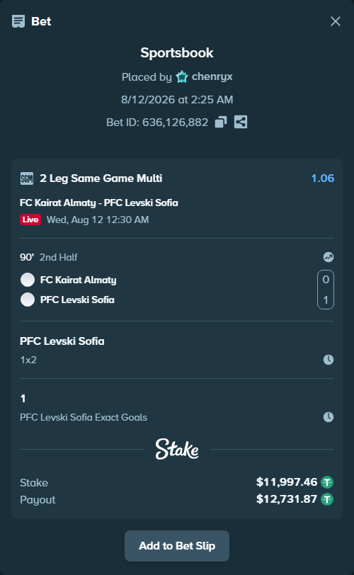 Bet slip: FC Kairat Almaty - PFC Levski Sofia, $12,009.46 stake at 1.02 odds, placed by chenryx