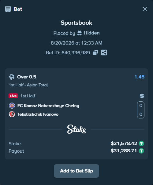 Bet slip: FC Kamaz Naberezhnye Chelny - FC Tekstilshchik Ivanovo, $21,600.00 stake at 1.45 odds, placed by Hidden