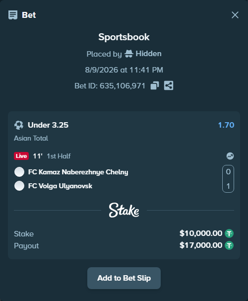 Bet slip: FC Kamaz Naberezhnye Chelny - FC Volga Ulyanovsk, $10,010.00 stake at 1.70 odds, placed by Hidden