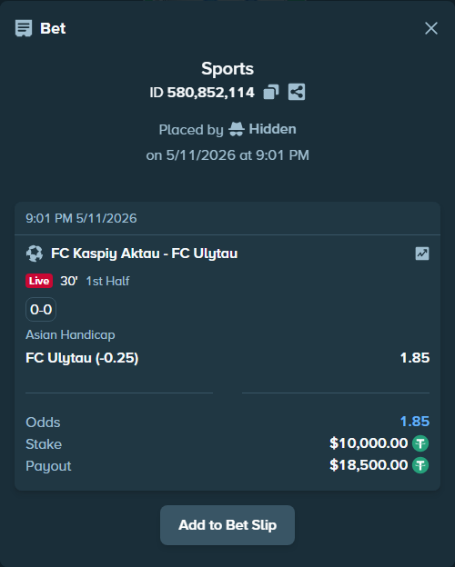 Bet slip: FC Kaspiy Aktau - FC Ulytau, $10,000.00 stake at 1.85 odds, placed by Hidden