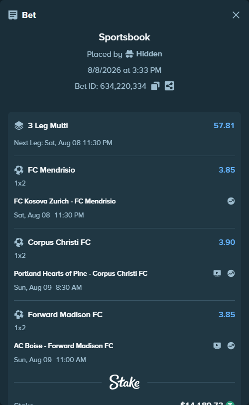 Bet slip: FC Kosova Zurich - FC Mendrisio, $14,203.92 stake at 3.85 odds, placed by Hidden