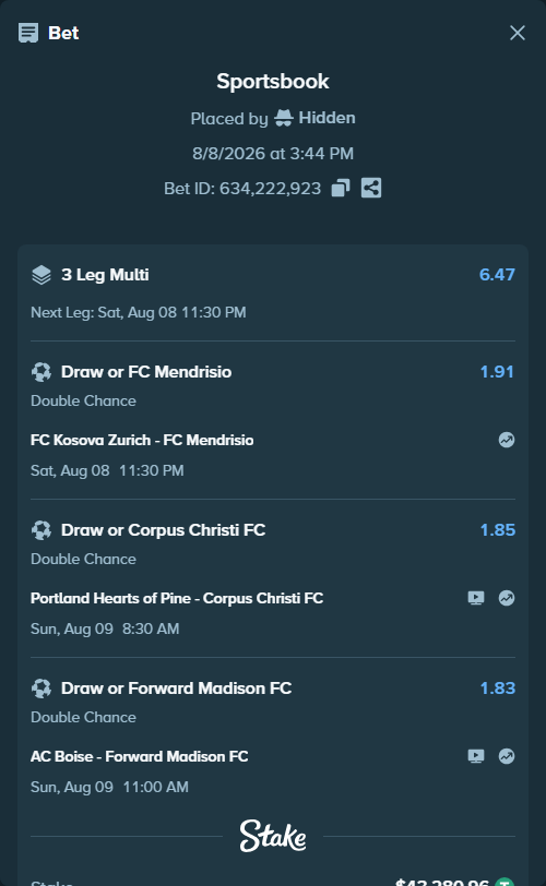 Bet slip: FC Kosova Zurich - FC Mendrisio, $43,324.24 stake at 1.91 odds, placed by Hidden
