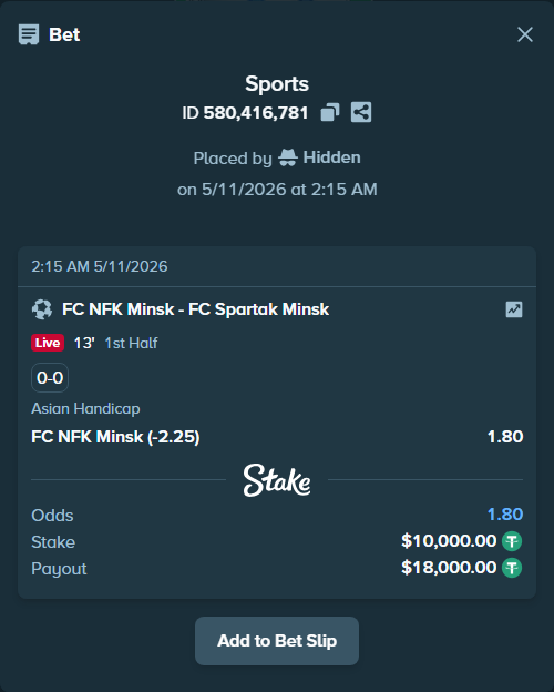Bet slip: FC Krumkachy Minsk - FC Spartak Minsk, $10,000.00 stake at 1.80 odds, placed by Hidden