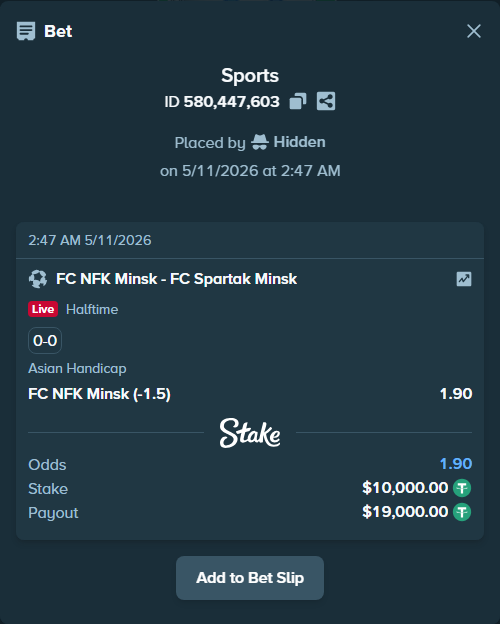 Bet slip: FC Krumkachy Minsk - FC Spartak Minsk, $10,000.00 stake at 1.90 odds, placed by Hidden