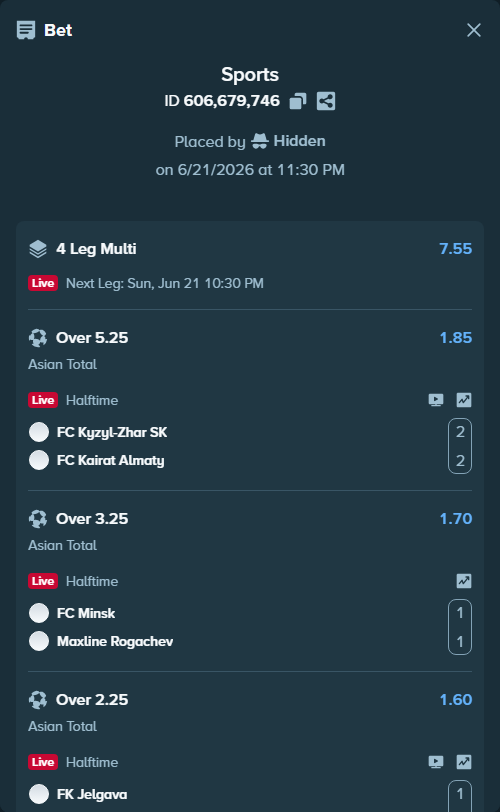 Bet slip: FC Kyzylzhar SK - FC Kairat Almaty, $17,208.74 stake at 1.85 odds, placed by Hidden