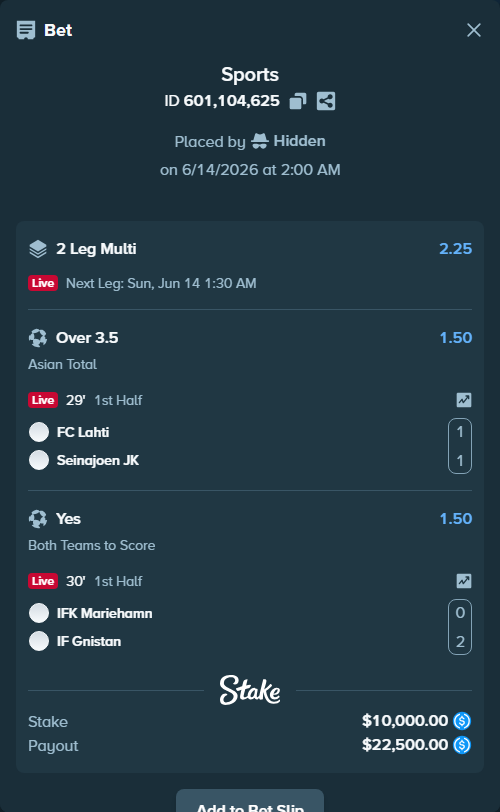 Bet slip: FC Lahti - Seinajoen JK, $10,000.00 stake at 1.50 odds, placed by Hidden