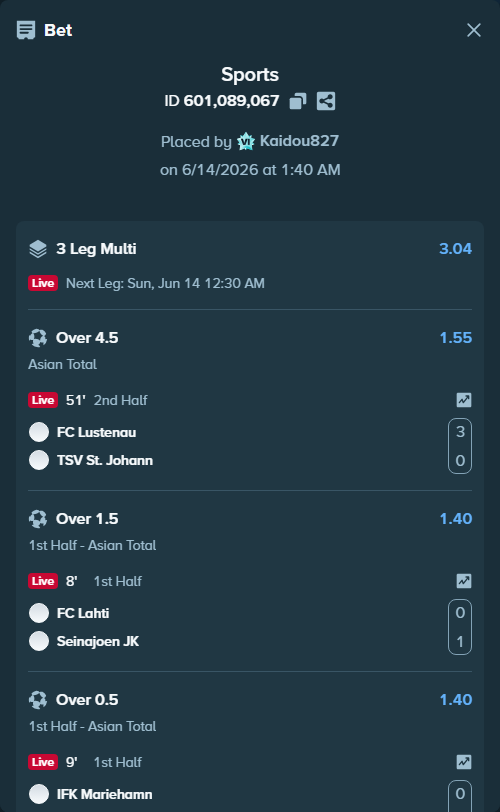 Bet slip: FC Lahti - Seinajoen JK, $15,000.00 stake at 1.40 odds, placed by Kaidou827